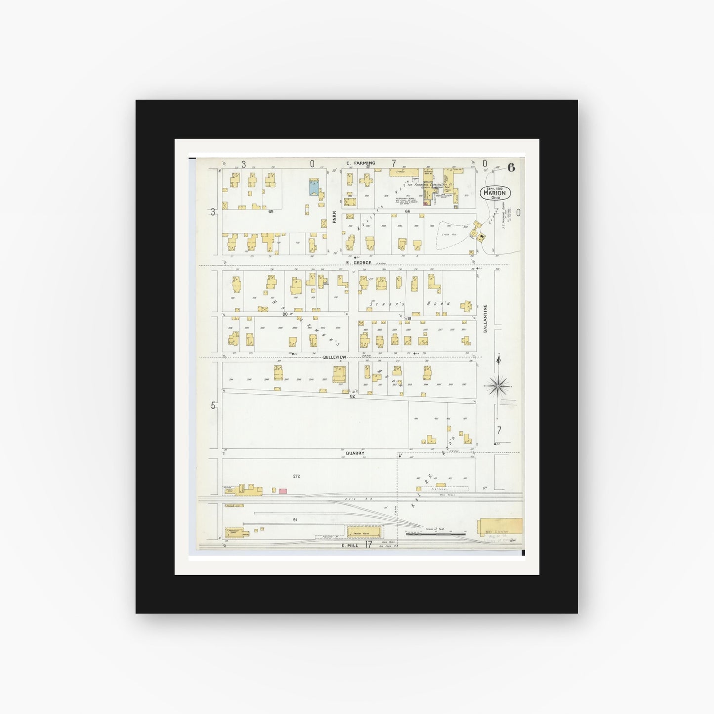 Old map wall art mockup — black gallery frame with white mat — Sanborn Fire Insurance Map from Marion, Marion County, Ohio (1900), Sheet #0006