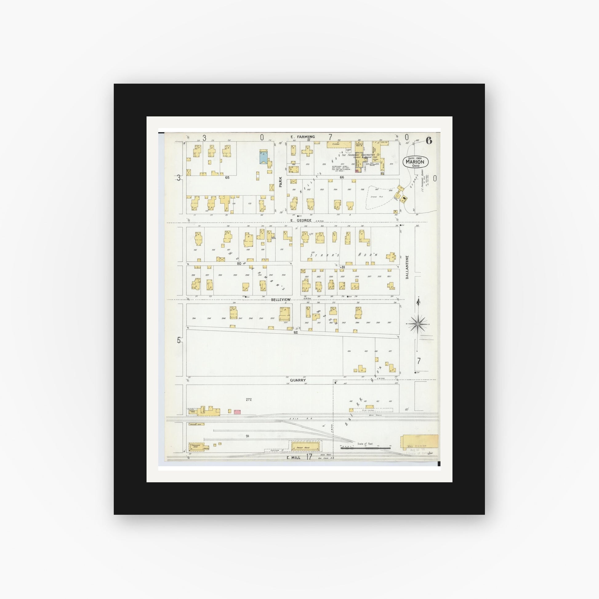 Old map wall art mockup — black gallery frame with white mat — Sanborn Fire Insurance Map from Marion, Marion County, Ohio (1900), Sheet #0006
