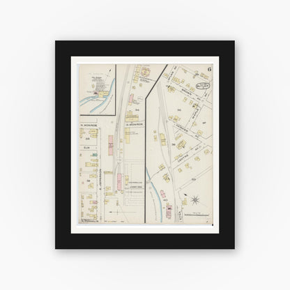 Old map wall art mockup — black gallery frame with white mat — Sanborn Fire Insurance Map from Butler, Butler County, Pennsylvania (1886), Sheet #0006