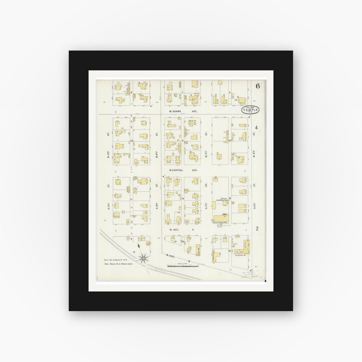 Old map wall art mockup — black gallery frame with white mat — Sanborn Fire Insurance Map from Temple, Bell County, Texas (1896), Sheet #0006