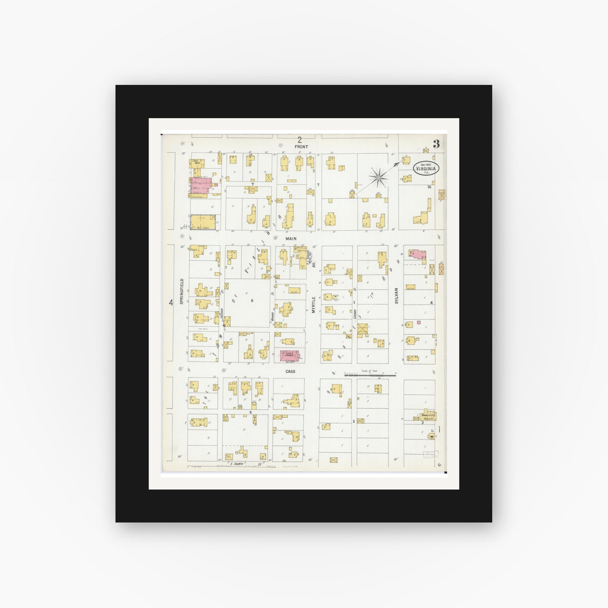 Old map wall art mockup — black gallery frame with white mat — Sanborn Fire Insurance Map from Virginia, Cass County, Illinois (1900), Sheet #0003