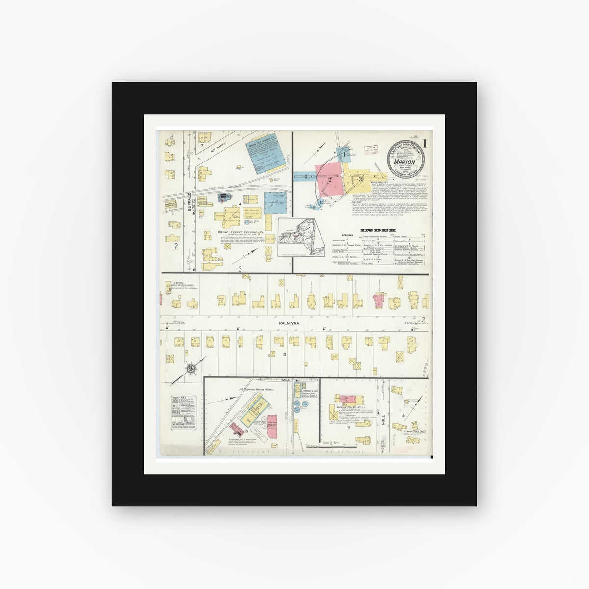 Old map wall art mockup — black gallery frame with white mat — Sanborn Fire Insurance Map from Marion, Wayne County, New York (1915), Sheet #0001