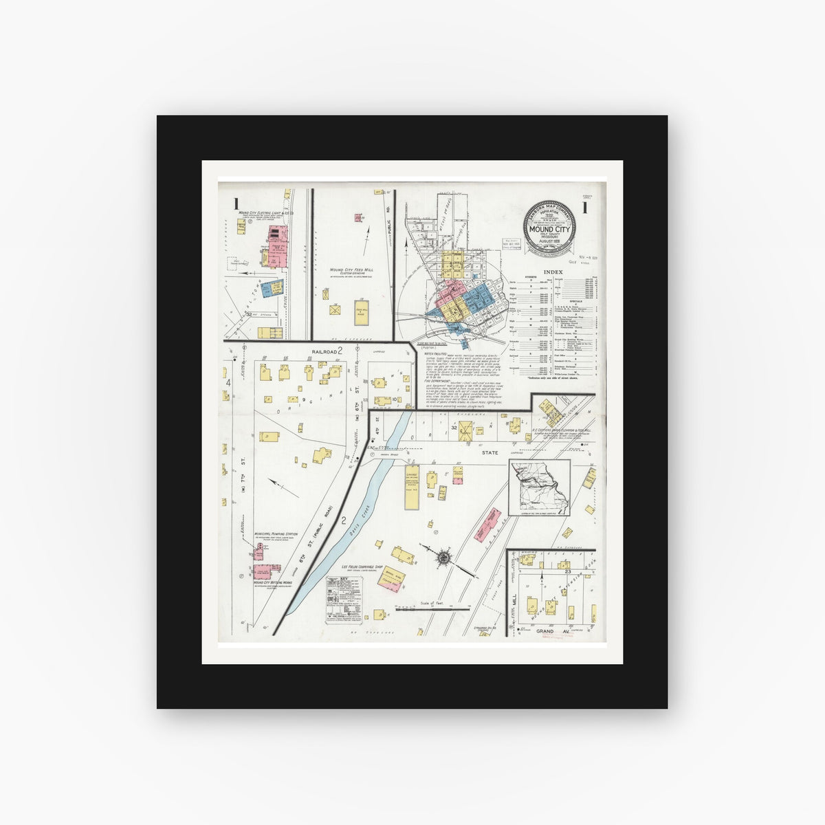 Old map wall art mockup — black gallery frame with white mat — Sanborn Fire Insurance Map from Mound City, Holt County, Missouri (1928), Sheet #0001