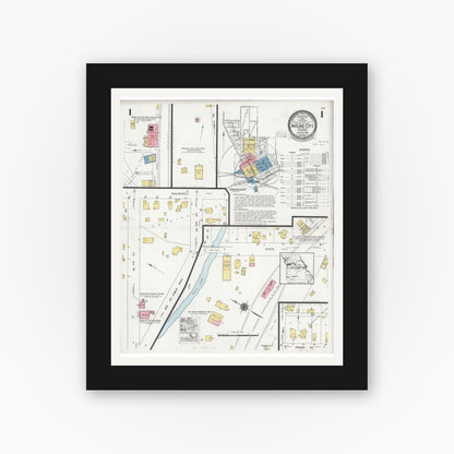 Old map wall art mockup — black gallery frame with white mat — Sanborn Fire Insurance Map from Mound City, Holt County, Missouri (1928), Sheet #0001