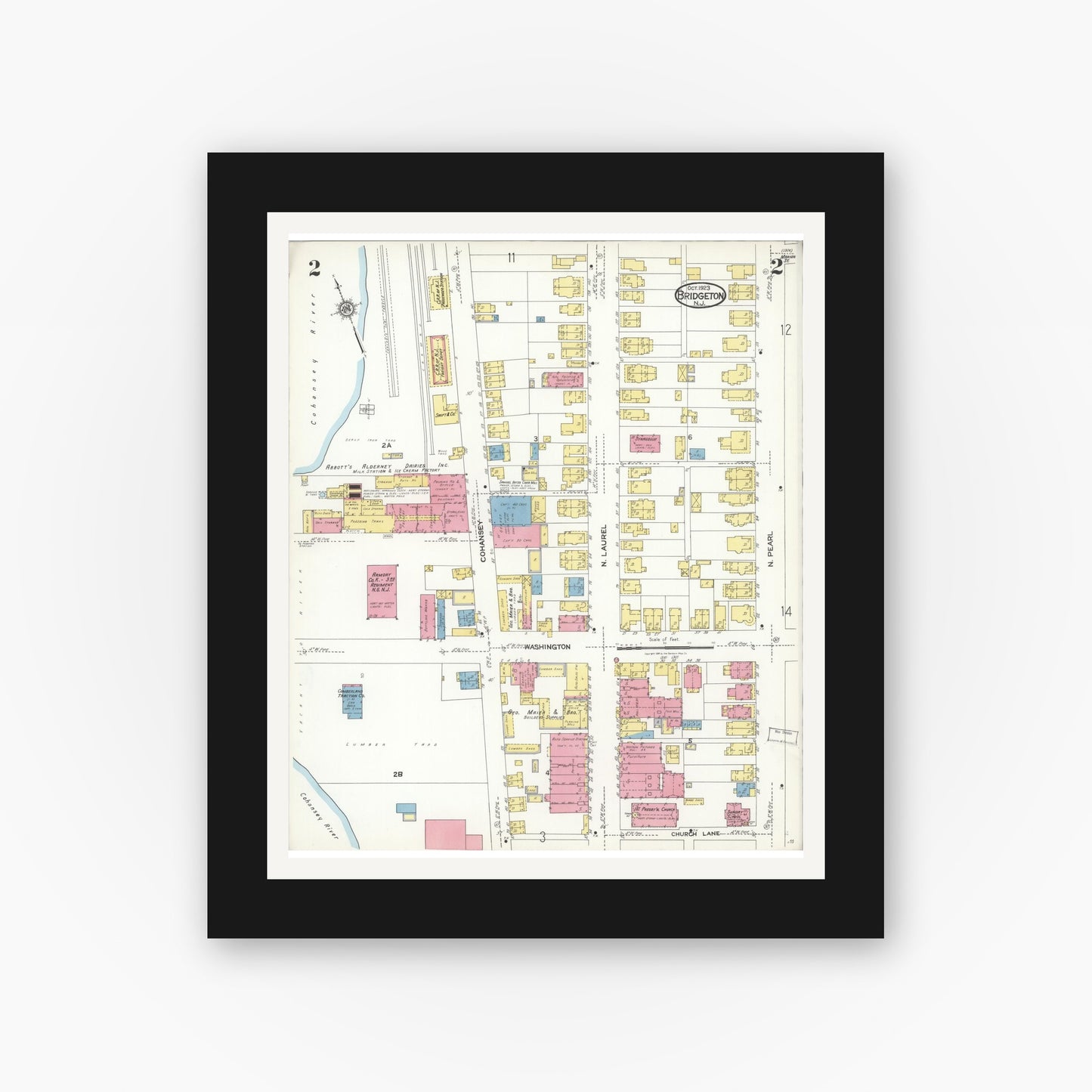 Old map wall art mockup — black gallery frame with white mat — Sanborn Fire Insurance Map from Bridgeton, Cumberland County, New Jersey (1923), Sheet #0002