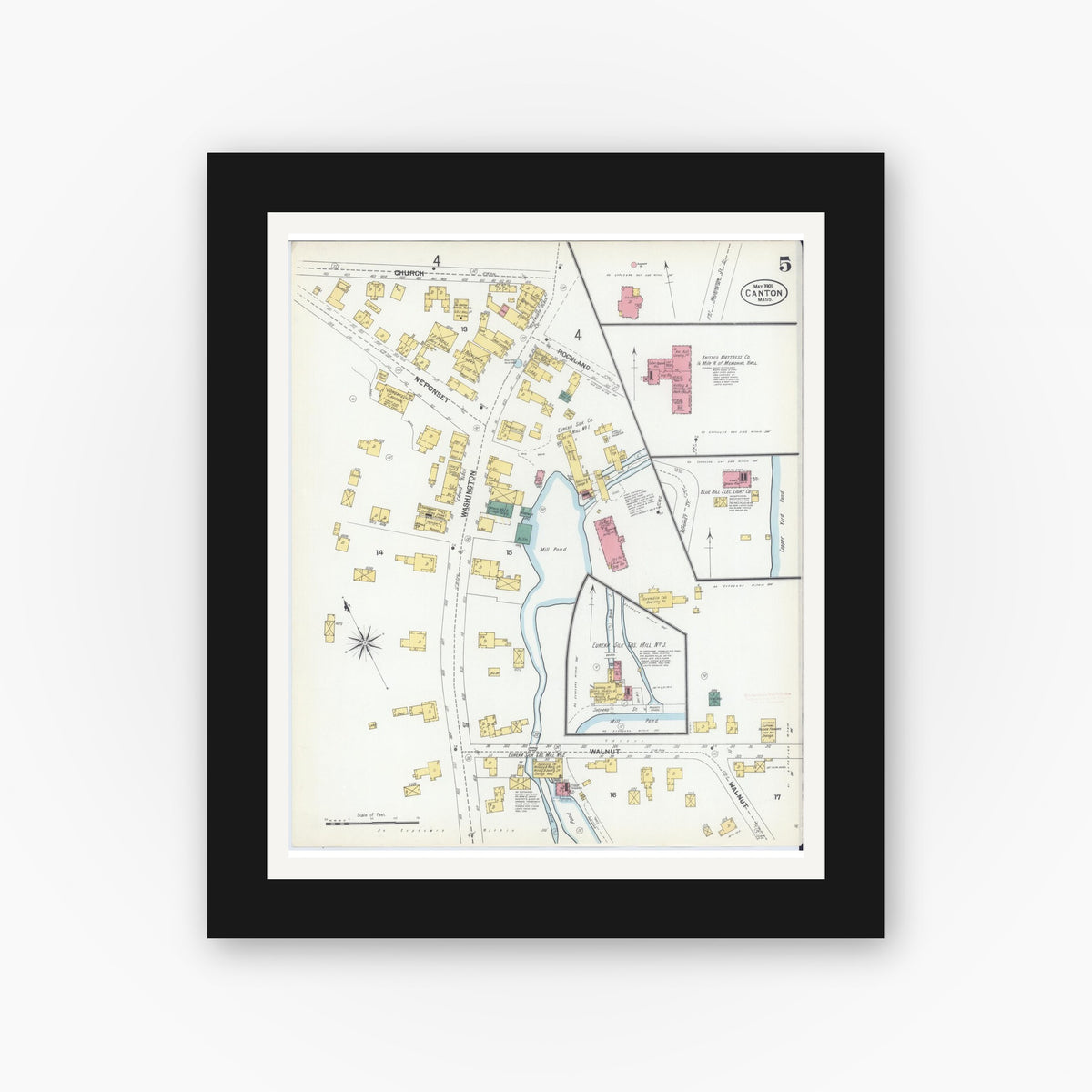 Old map wall art mockup — black gallery frame with white mat — Sanborn Fire Insurance Map from Canton, Norfolk County, Massachusetts (1901), Sheet #0005