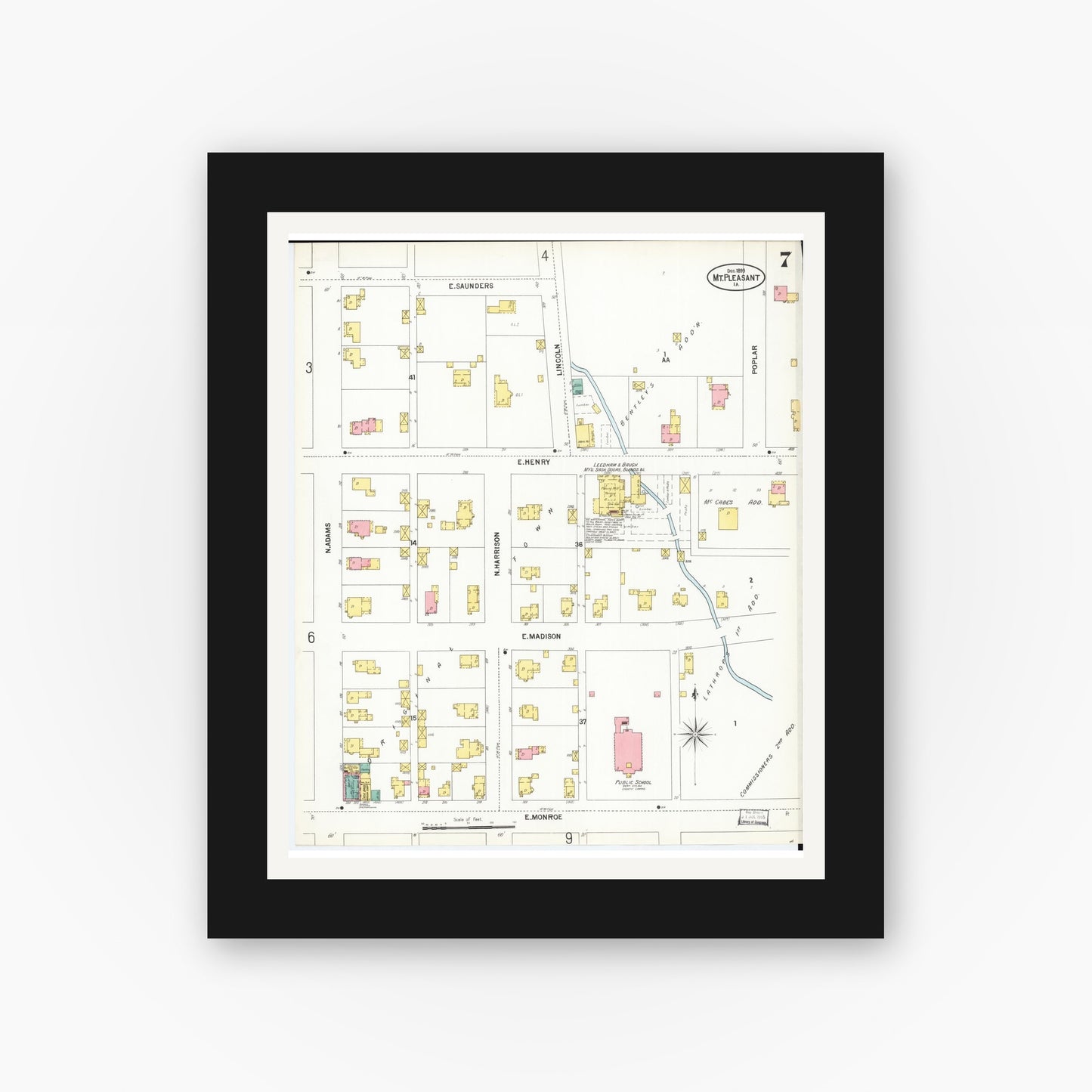 Old map wall art mockup — black gallery frame with white mat — Sanborn Fire Insurance Map from Mount Pleasant, Henry County, Iowa (1899), Sheet #0007