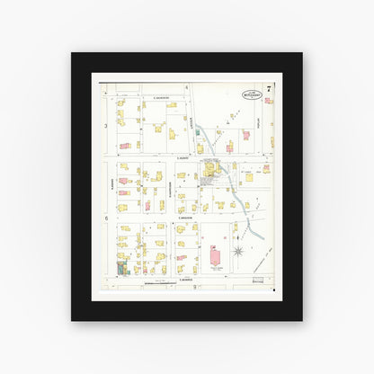 Old map wall art mockup — black gallery frame with white mat — Sanborn Fire Insurance Map from Mount Pleasant, Henry County, Iowa (1899), Sheet #0007
