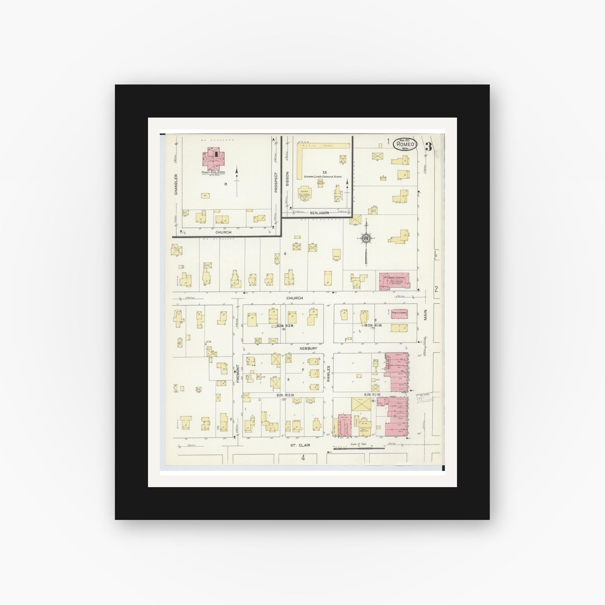 Old map wall art mockup — black gallery frame with white mat — Sanborn Fire Insurance Map from Romeo, Macomb County, Michigan (1913), Sheet #0003