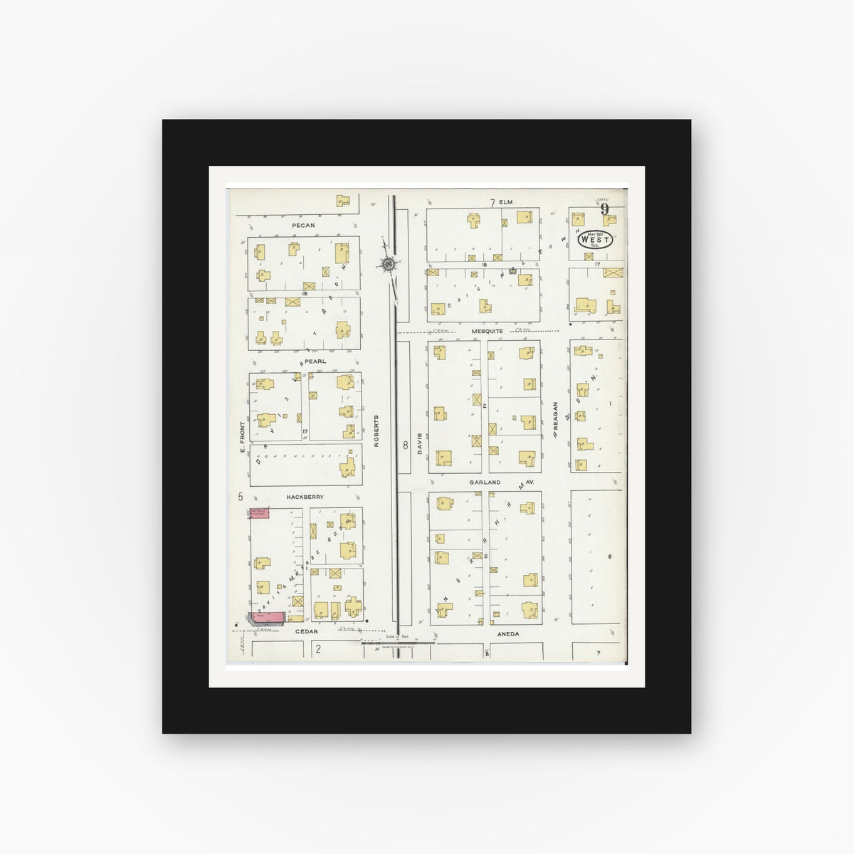 Old map wall art mockup — black gallery frame with white mat — Sanborn Fire Insurance Map from West, McLennan County, Texas (1921), Sheet #0009