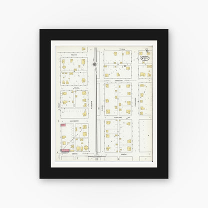 Old map wall art mockup — black gallery frame with white mat — Sanborn Fire Insurance Map from West, McLennan County, Texas (1921), Sheet #0009