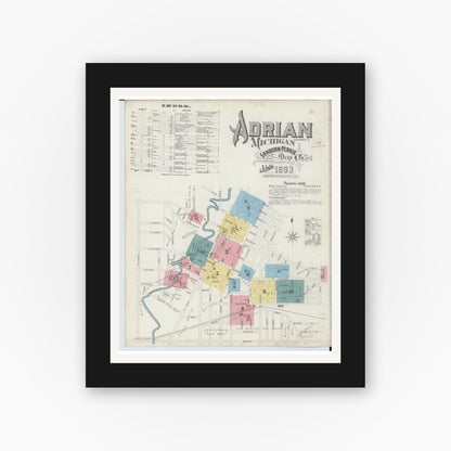 Old map wall art mockup — black gallery frame with white mat — Sanborn Fire Insurance Map from Adrian, Lenawee County, Michigan (1893) - Complete Map Set