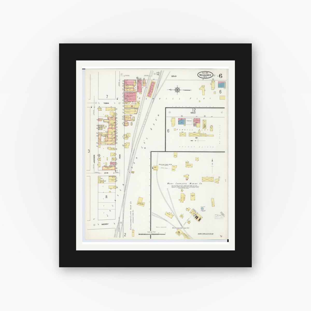 Old map wall art mockup — black gallery frame with white mat — Sanborn Fire Insurance Map from Negaunee, Marquette County, Michigan (1911), Sheet #0006