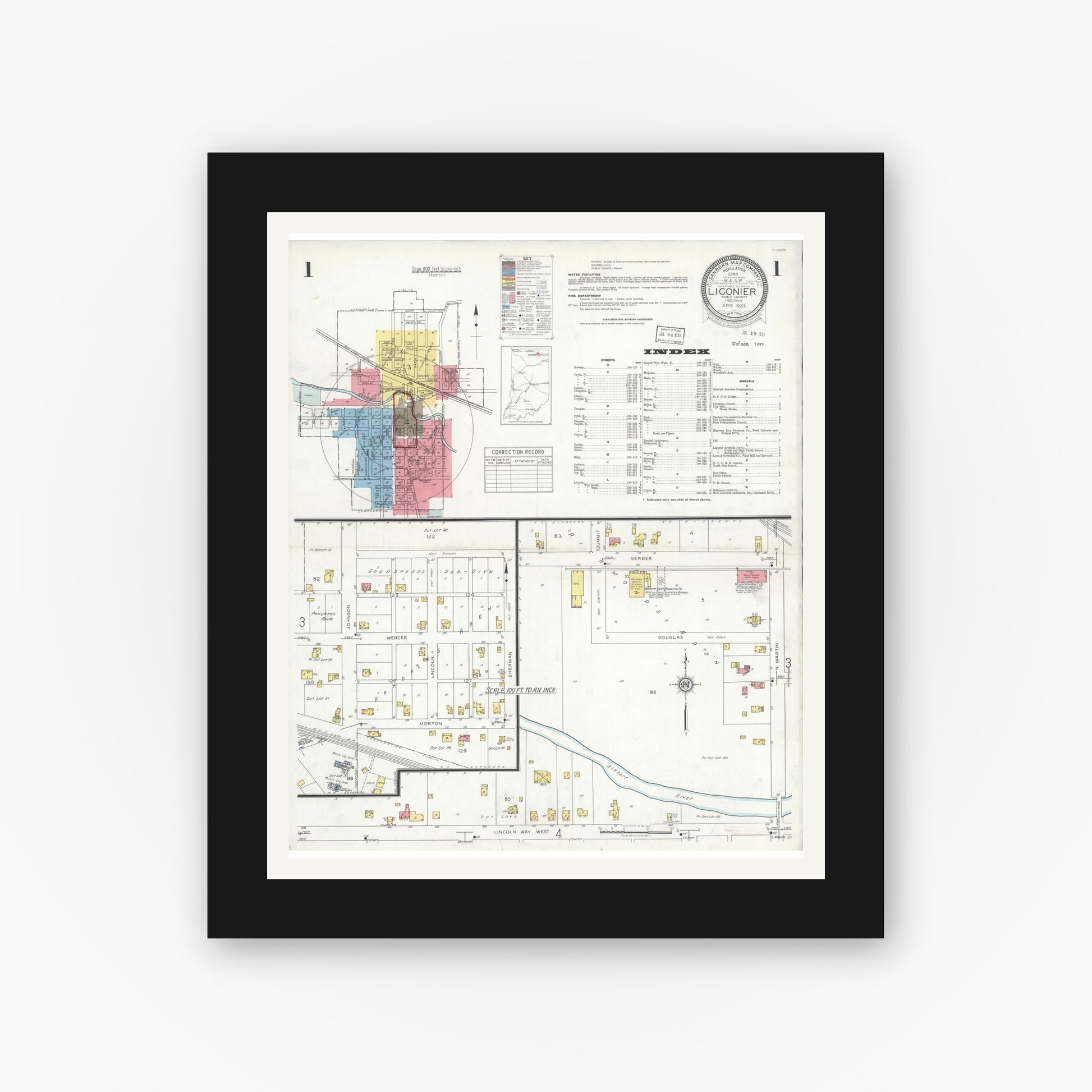 Old map wall art mockup — black gallery frame with white mat — Sanborn Fire Insurance Map from Ligonier, Noble County, Indiana (1933), Sheet #0001