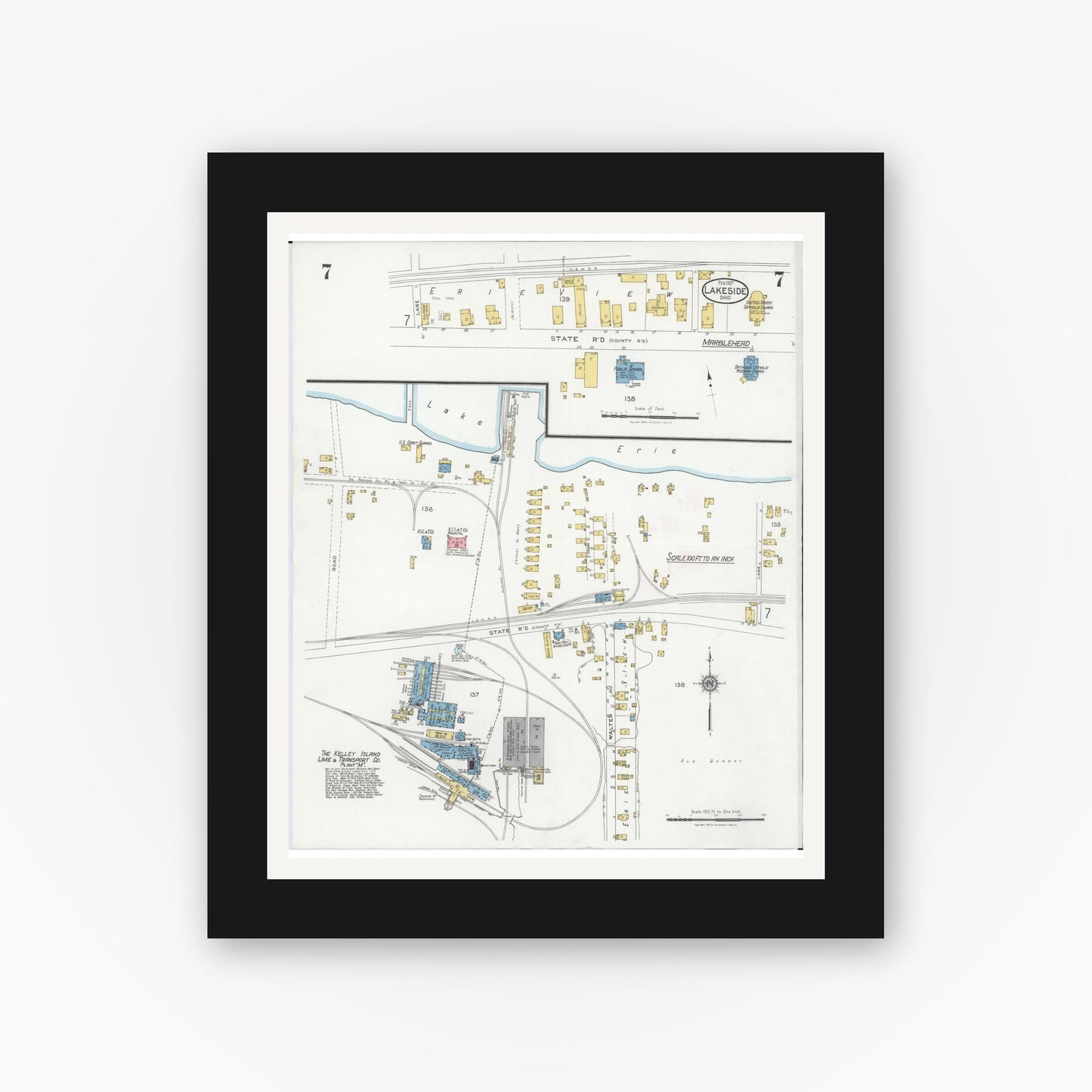 Old map wall art mockup — black gallery frame with white mat — Sanborn Fire Insurance Map from Lakeside, Ottawa County, Ohio (1927), Sheet #0007