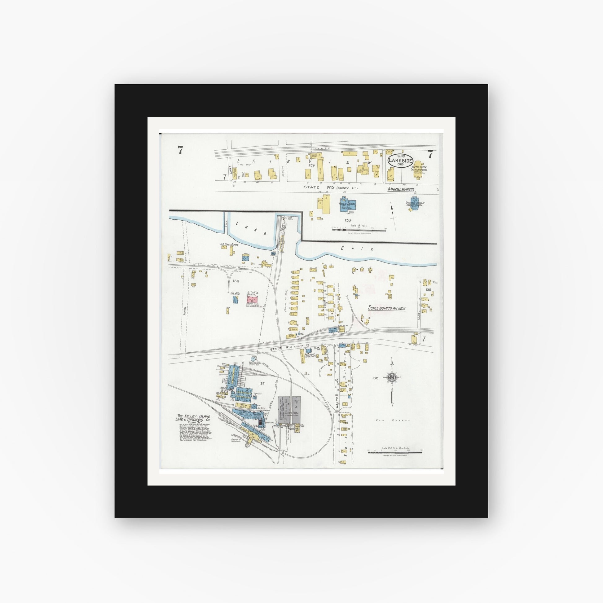Old map wall art mockup — black gallery frame with white mat — Sanborn Fire Insurance Map from Lakeside, Ottawa County, Ohio (1927), Sheet #0007