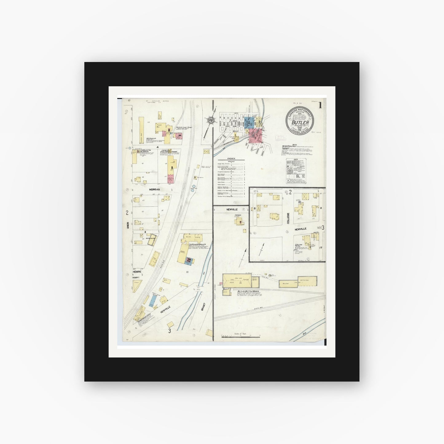 Old map wall art mockup — black gallery frame with white mat — Sanborn Fire Insurance Map from Butler, Richland County, Ohio (1912), Sheet #0001