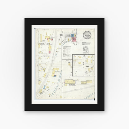 Old map wall art mockup — black gallery frame with white mat — Sanborn Fire Insurance Map from Butler, Richland County, Ohio (1912), Sheet #0001