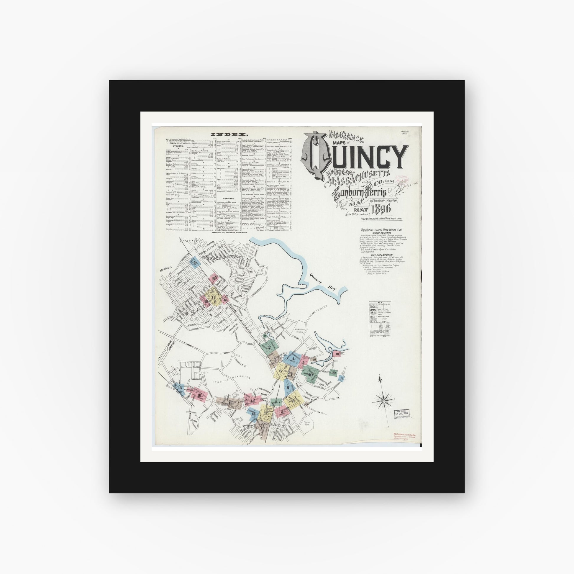 Old map wall art mockup — black gallery frame with white mat — Sanborn Fire Insurance Map from Quincy, Norfolk County, Massachusetts (1896) - Complete Map Set