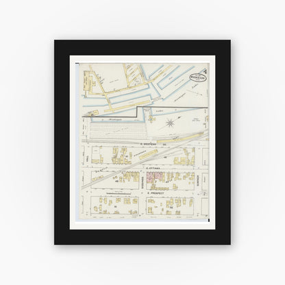 Old map wall art mockup — black gallery frame with white mat — Sanborn Fire Insurance Map from Muskegon, Muskegon County, Michigan (1887), Sheet #0004