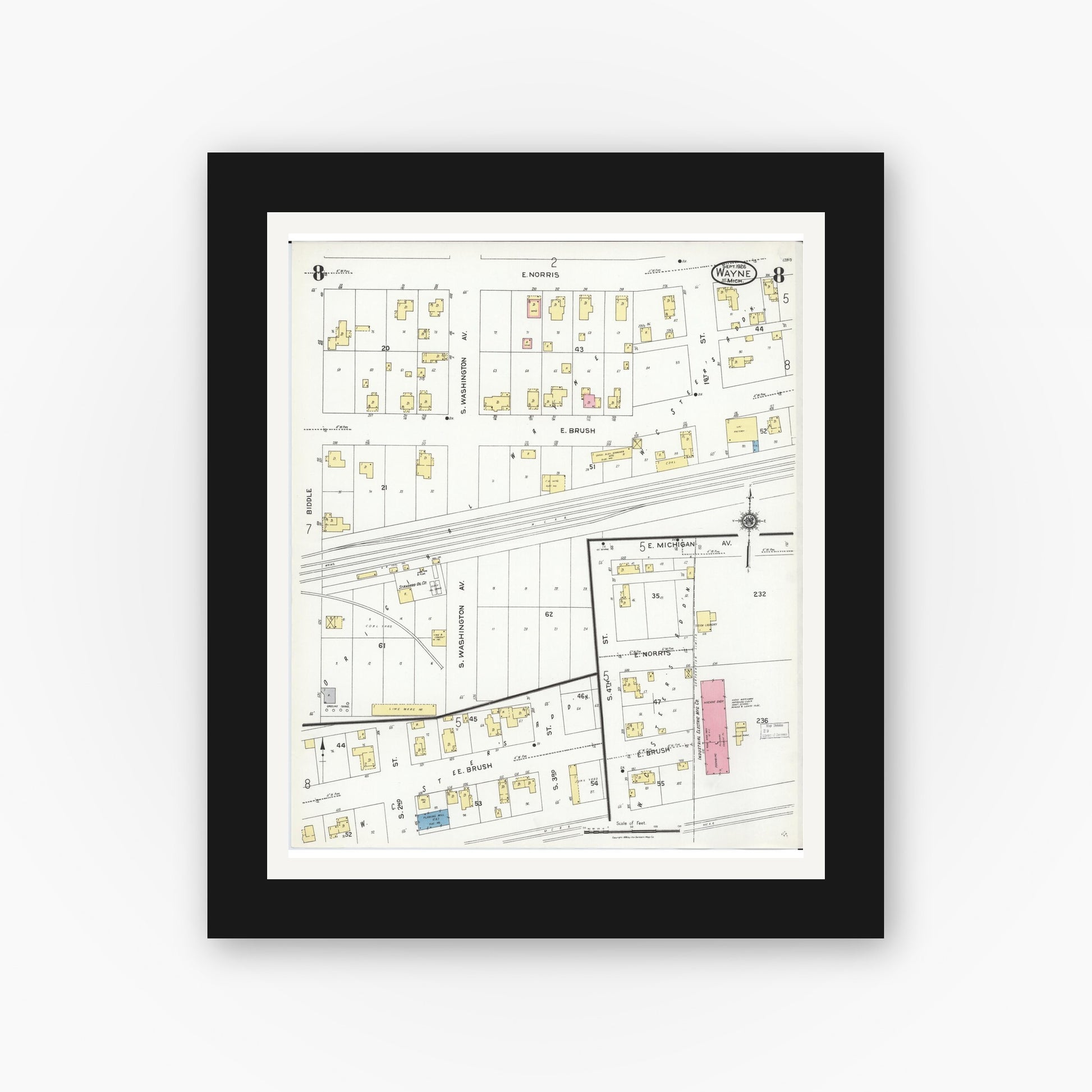 Old map wall art mockup — black gallery frame with white mat — Sanborn Fire Insurance Map from Wayne, Wayne County, Michigan (1926), Sheet #0008