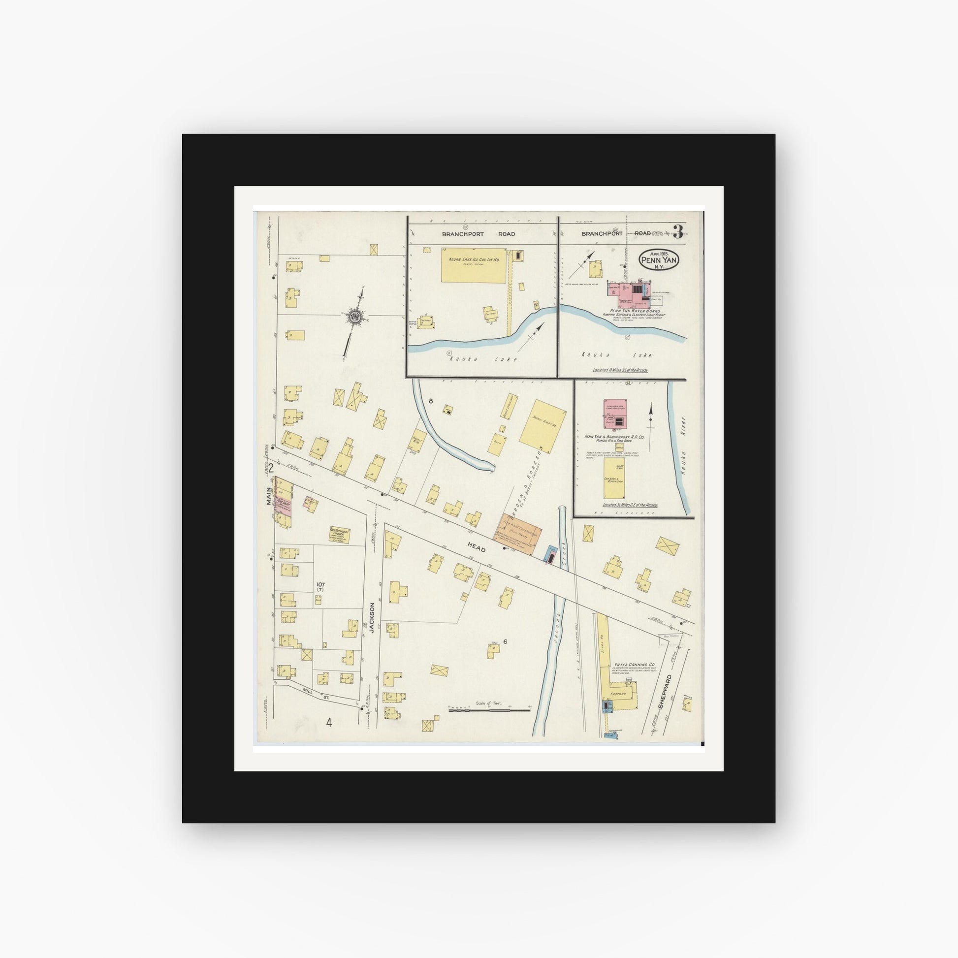 Old map wall art mockup — black gallery frame with white mat — Sanborn Fire Insurance Map from Penn Yan, Yates County, New York (1915), Sheet #0002