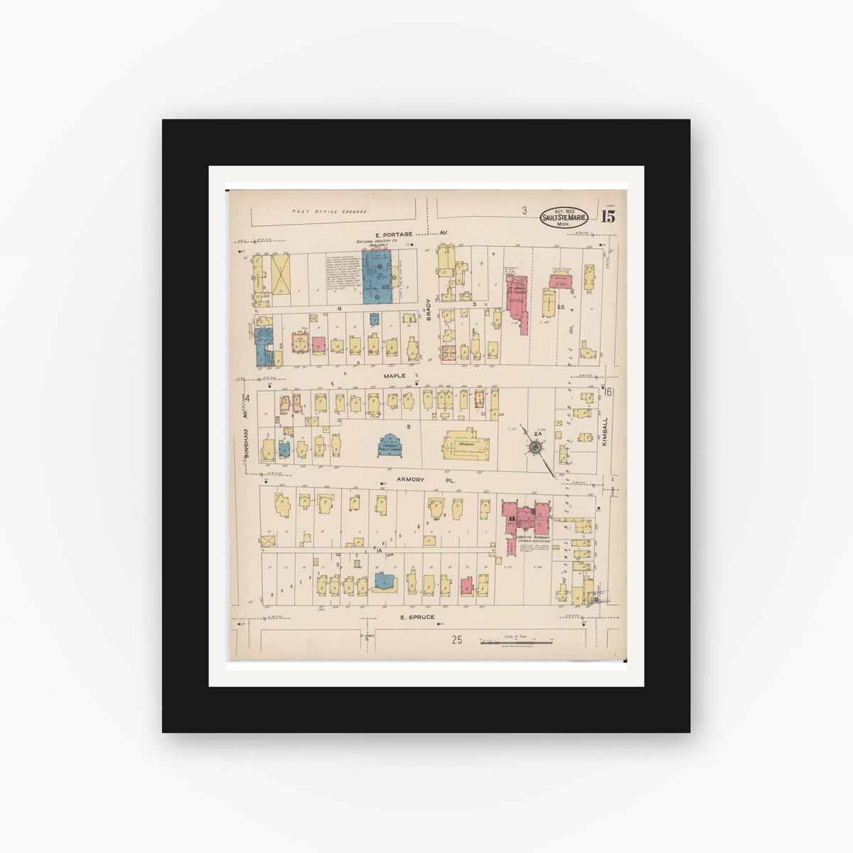 Old map wall art mockup — black gallery frame with white mat — Sanborn Fire Insurance Map from Sault Sainte Marie, Chippewa County, Michigan (1922), Sheet #0015