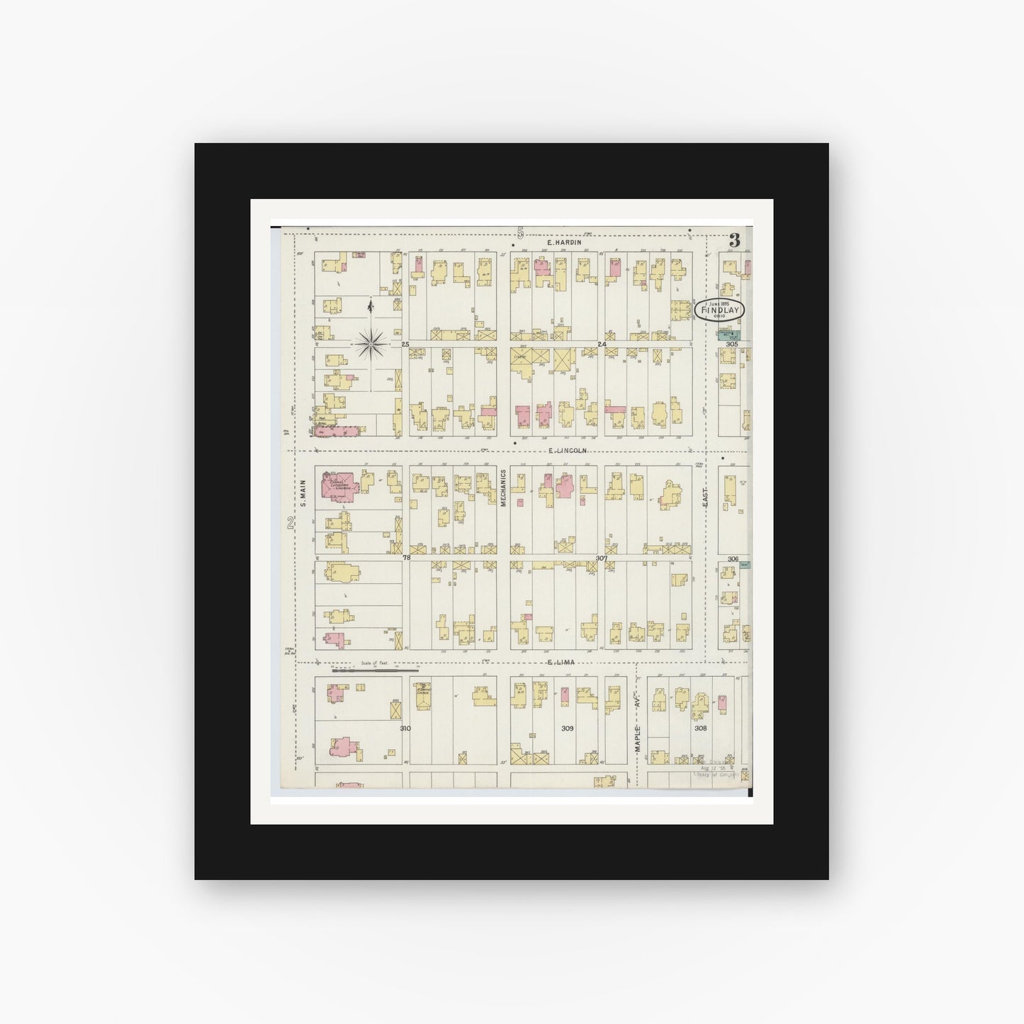 Old map wall art mockup — black gallery frame with white mat — Sanborn Fire Insurance Map from Findlay, Hancock County, Ohio (1895), Sheet #0003