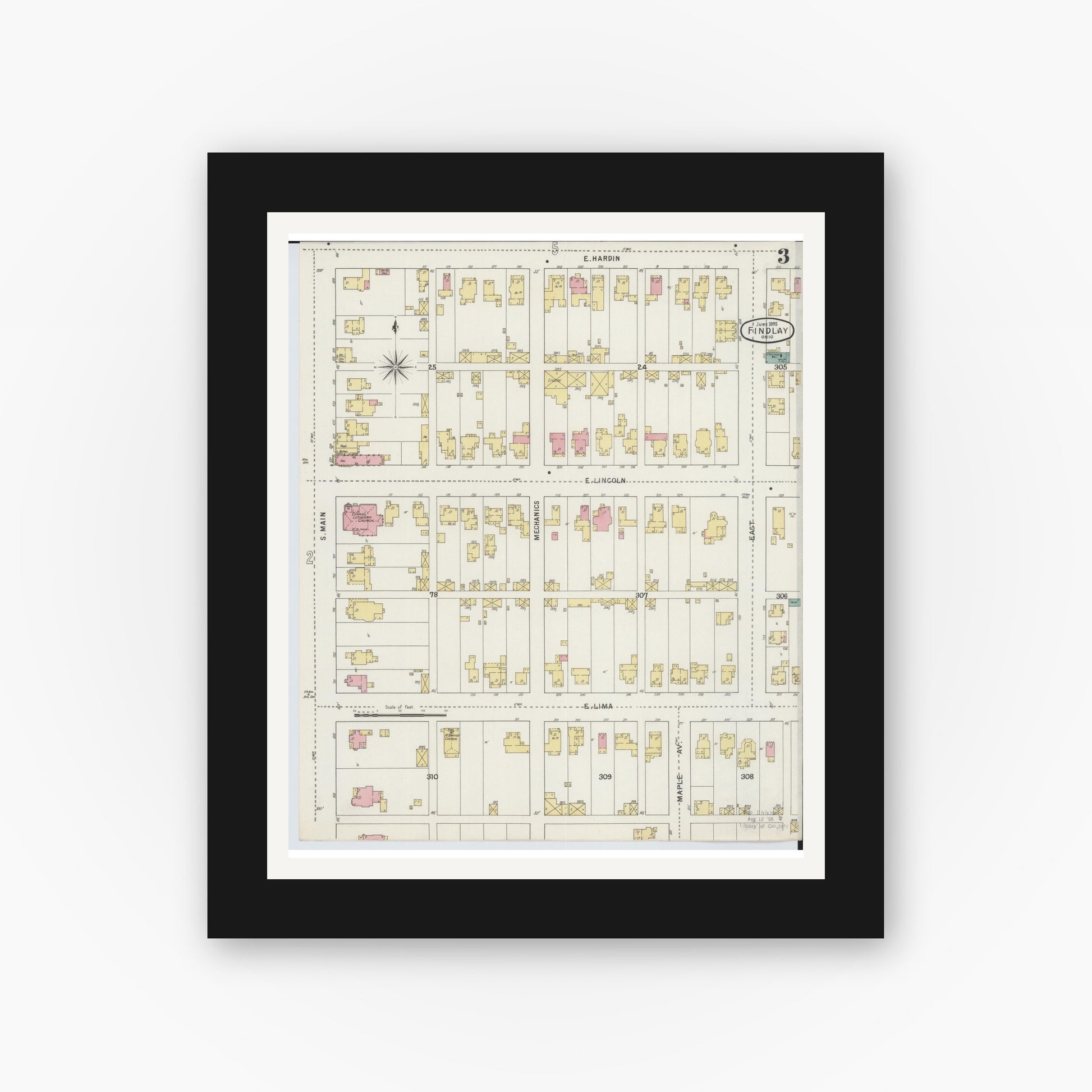 Old map wall art mockup — black gallery frame with white mat — Sanborn Fire Insurance Map from Findlay, Hancock County, Ohio (1895), Sheet #0003