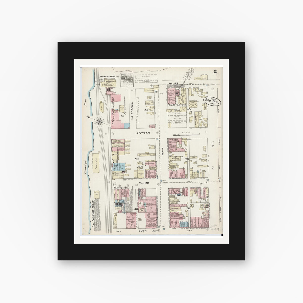 Old map wall art mockup — black gallery frame with white mat — Sanborn Fire Insurance Map from Red Wing, Goodhue County, Minnesota (1884), Sheet #0002