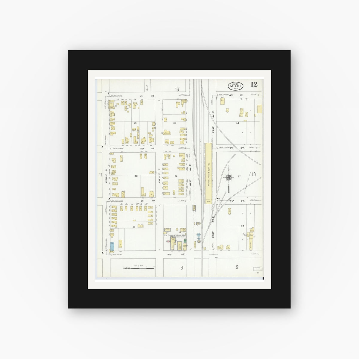 Old map wall art mockup — black gallery frame with white mat — Sanborn Fire Insurance Map from Miami, Dade County, Florida (1910), Sheet #0012