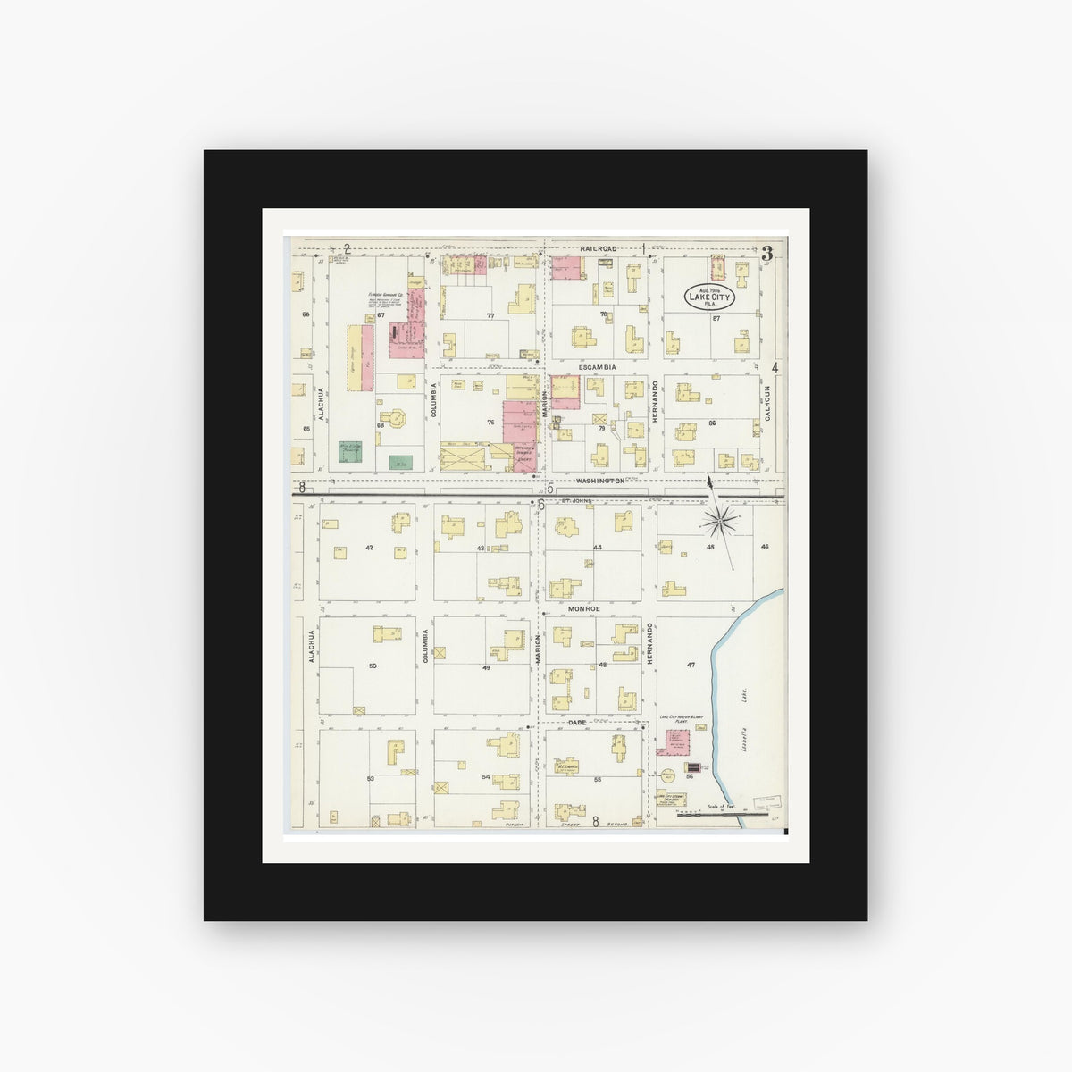 Old map wall art mockup — black gallery frame with white mat — Sanborn Fire Insurance Map from Lake City, Columbia County, Florida (1906), Sheet #0003