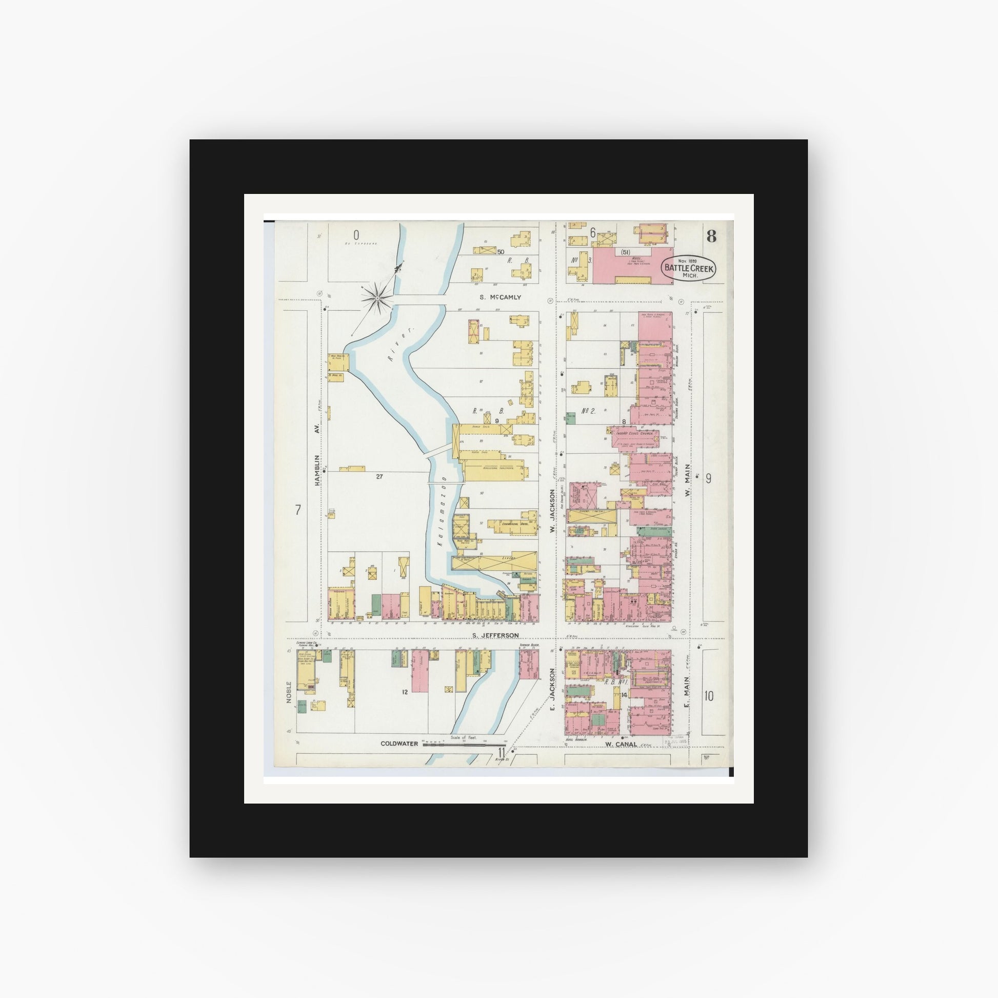 Old map wall art mockup — black gallery frame with white mat — Sanborn Fire Insurance Map from Battle Creek, Calhoun County, Michigan (1899), Sheet #0008