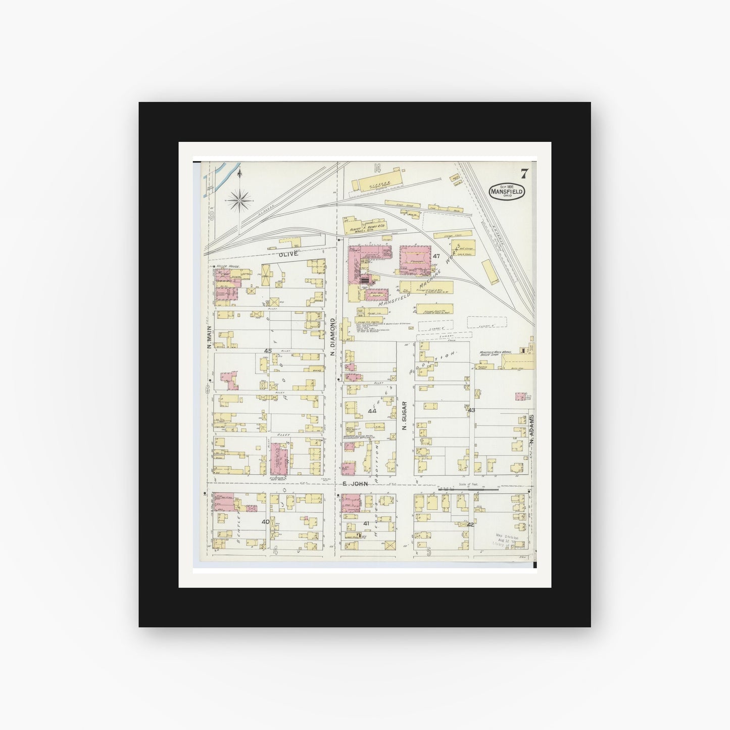 Old map wall art mockup — black gallery frame with white mat — Sanborn Fire Insurance Map from Mansfield, Richland County, Ohio (1892), Sheet #0007