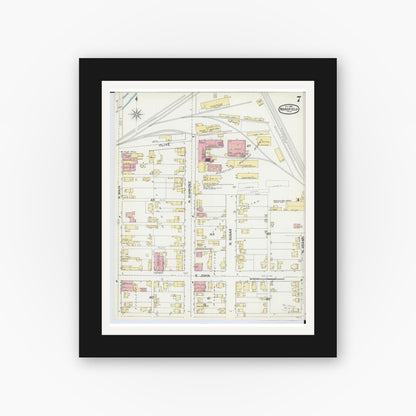 Old map wall art mockup — black gallery frame with white mat — Sanborn Fire Insurance Map from Mansfield, Richland County, Ohio (1892), Sheet #0007