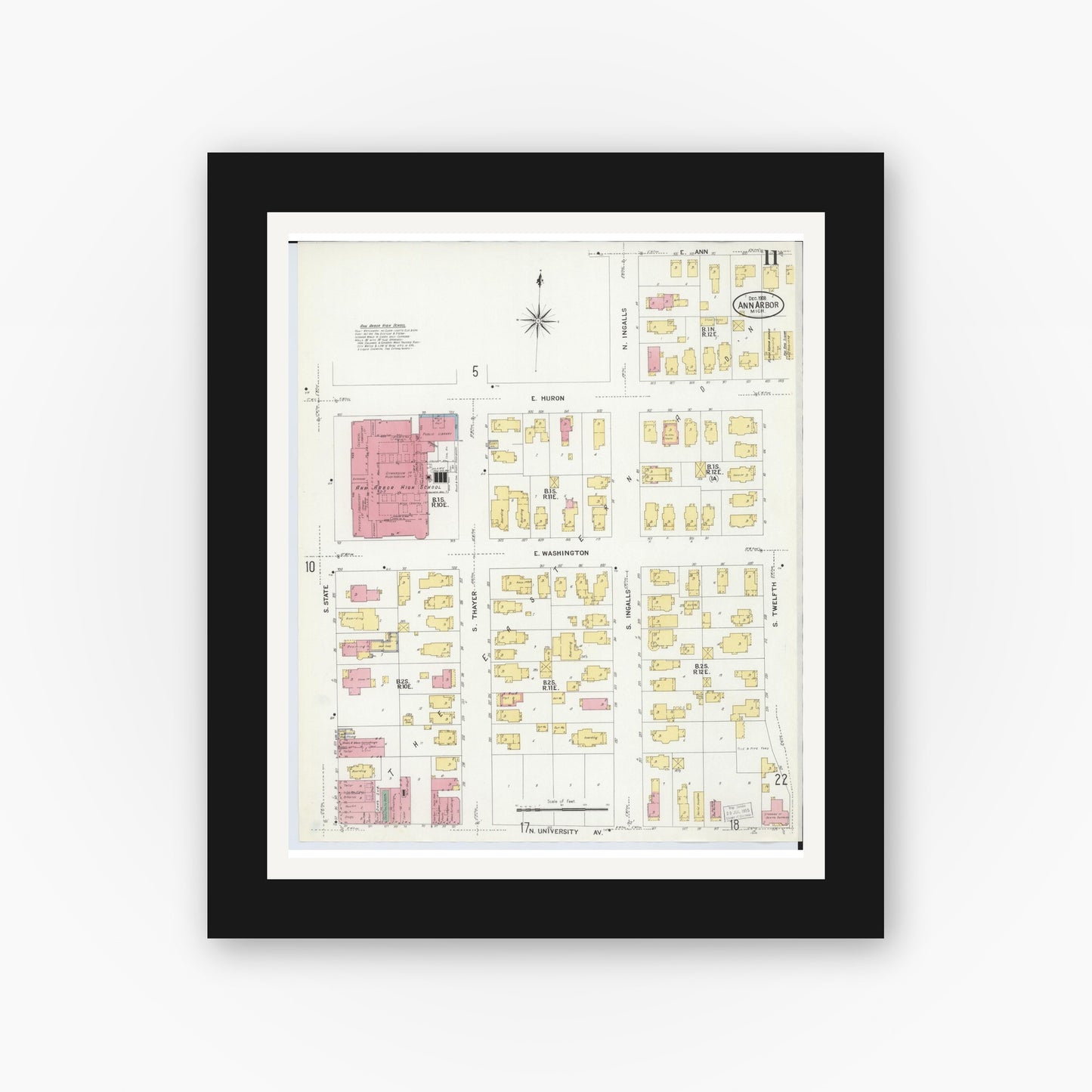 Old map wall art mockup — black gallery frame with white mat — Sanborn Fire Insurance Map from Ann Arbor, Washtenaw County, Michigan (1908), Sheet #0011