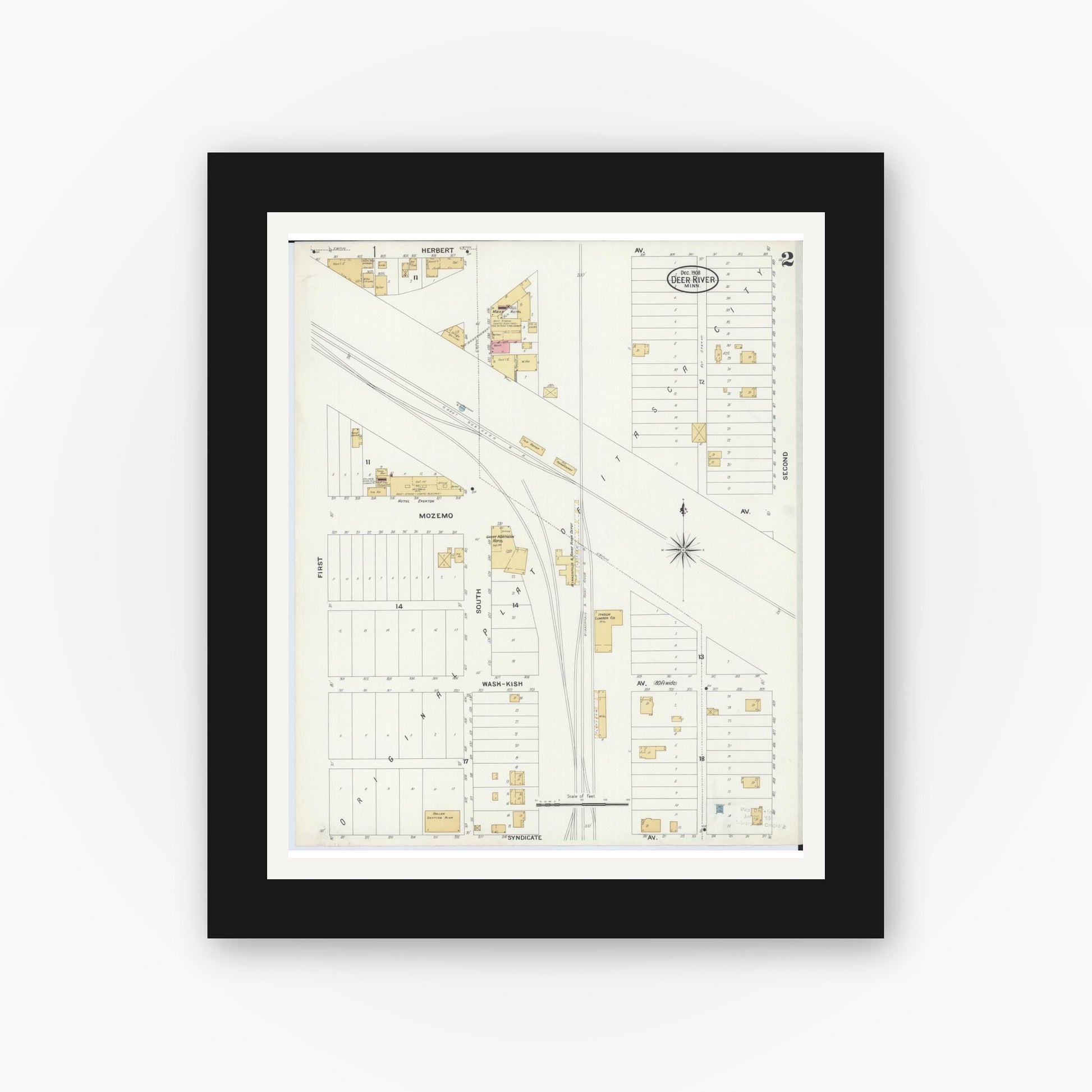 Old map wall art mockup — black gallery frame with white mat — Sanborn Fire Insurance Map from Deer River, Itasca County, Minnesota (1908), Sheet #0002