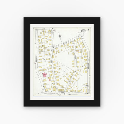 Old map wall art mockup — black gallery frame with white mat — Sanborn Fire Insurance Map from Webster, Worcester County, Massachusetts (1920), Sheet #0008