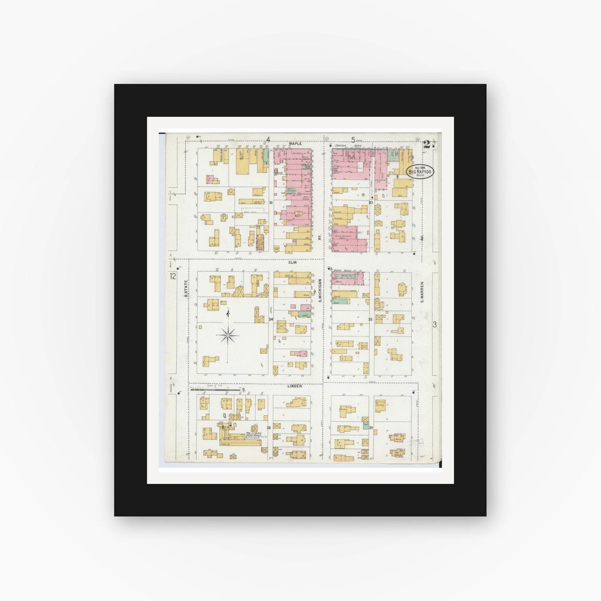 Old map wall art mockup — black gallery frame with white mat — Sanborn Fire Insurance Map from Big Rapids, Mecosta County, Michigan (1899), Sheet #0002