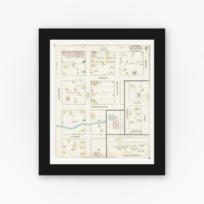 Old map wall art mockup — black gallery frame with white mat — Sanborn Fire Insurance Map from Bedford, Taylor County, Iowa (1886), Sheet #0002