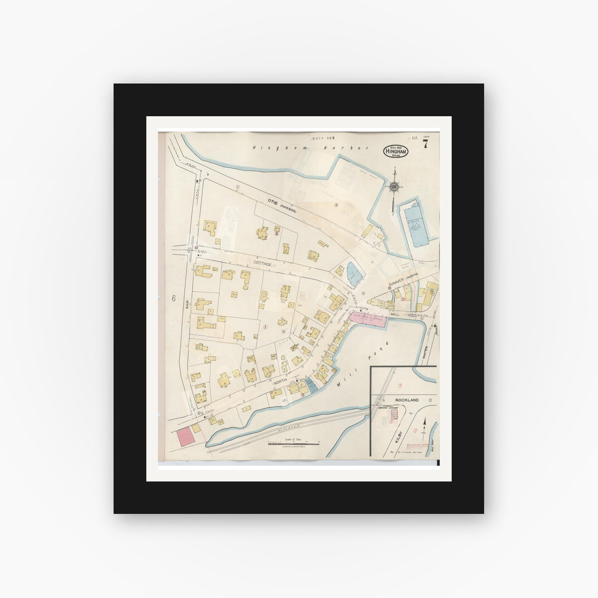 Old map wall art mockup — black gallery frame with white mat — Sanborn Fire Insurance Map from Hingham, Plymouth County, Massachusetts (1948), Sheet #0007