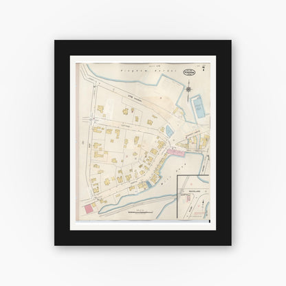 Old map wall art mockup — black gallery frame with white mat — Sanborn Fire Insurance Map from Hingham, Plymouth County, Massachusetts (1948), Sheet #0007
