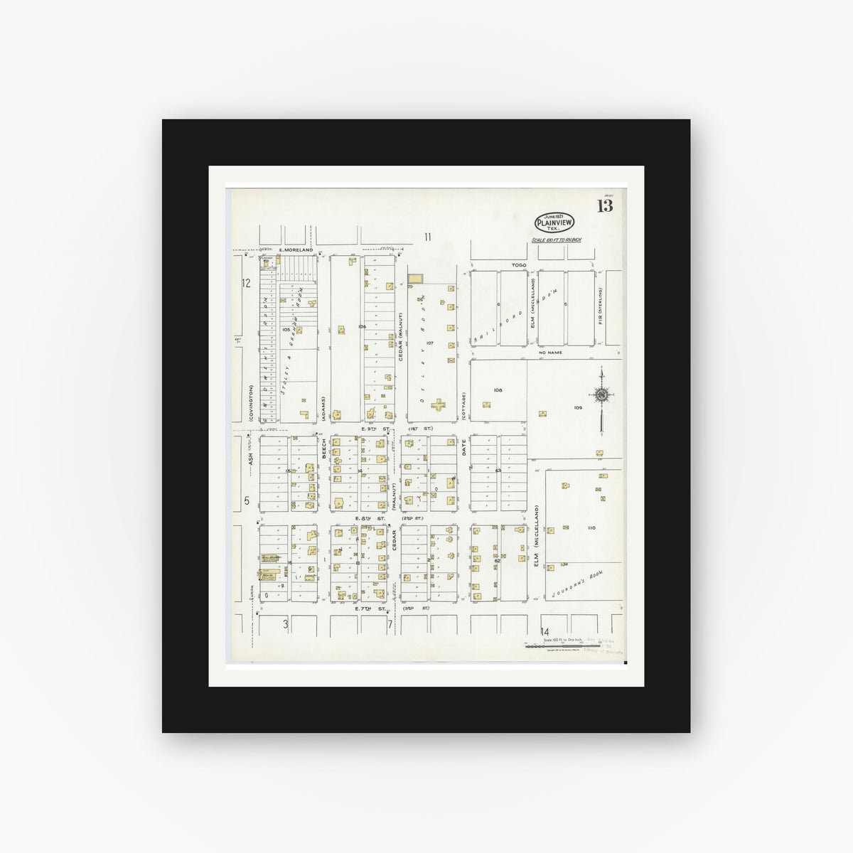 Old map wall art mockup — black gallery frame with white mat — Sanborn Fire Insurance Map from Plainview, Hale County, Texas (1921), Sheet #0013