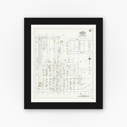 Old map wall art mockup — black gallery frame with white mat — Sanborn Fire Insurance Map from Plainview, Hale County, Texas (1921), Sheet #0013