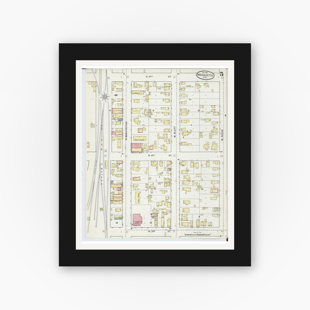Old map wall art mockup — black gallery frame with white mat — Sanborn Fire Insurance Map from Marquette, Marquette County, Michigan (1892), Sheet #0005