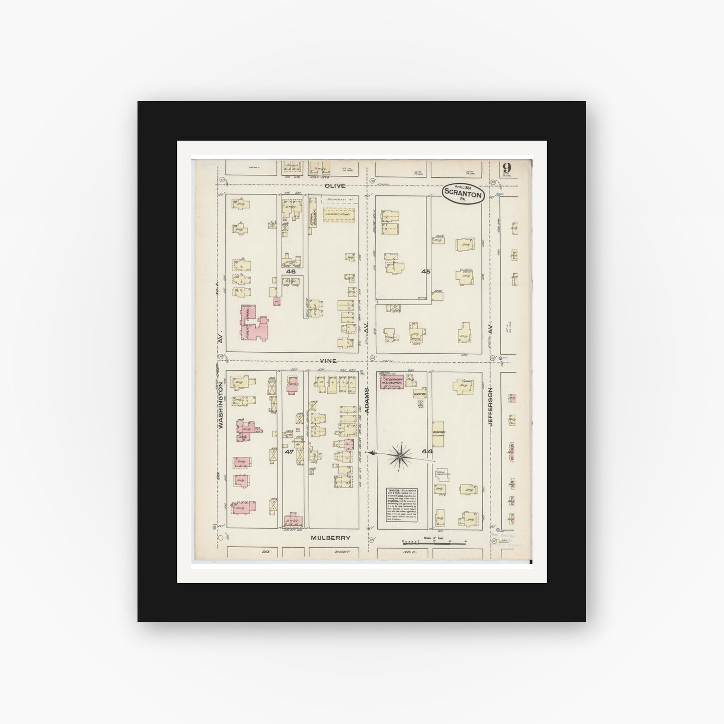 Old map wall art mockup — black gallery frame with white mat — Sanborn Fire Insurance Map from Scranton, Lackawanna County, Pennsylvania (1884), Sheet #0009
