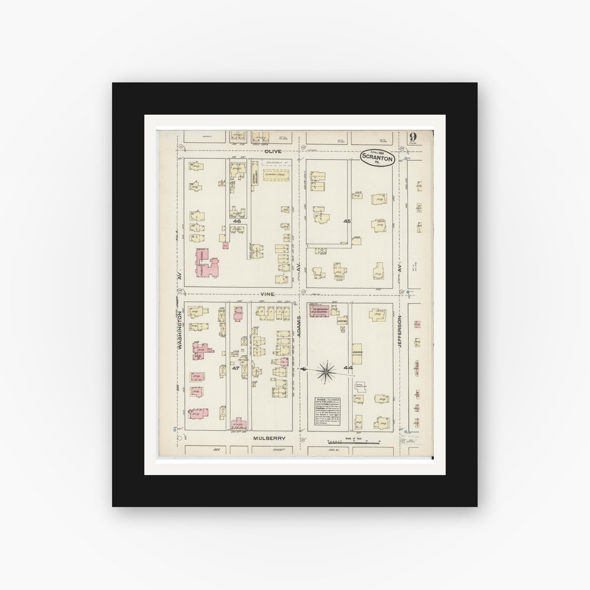 Old map wall art mockup — black gallery frame with white mat — Sanborn Fire Insurance Map from Scranton, Lackawanna County, Pennsylvania (1884), Sheet #0009