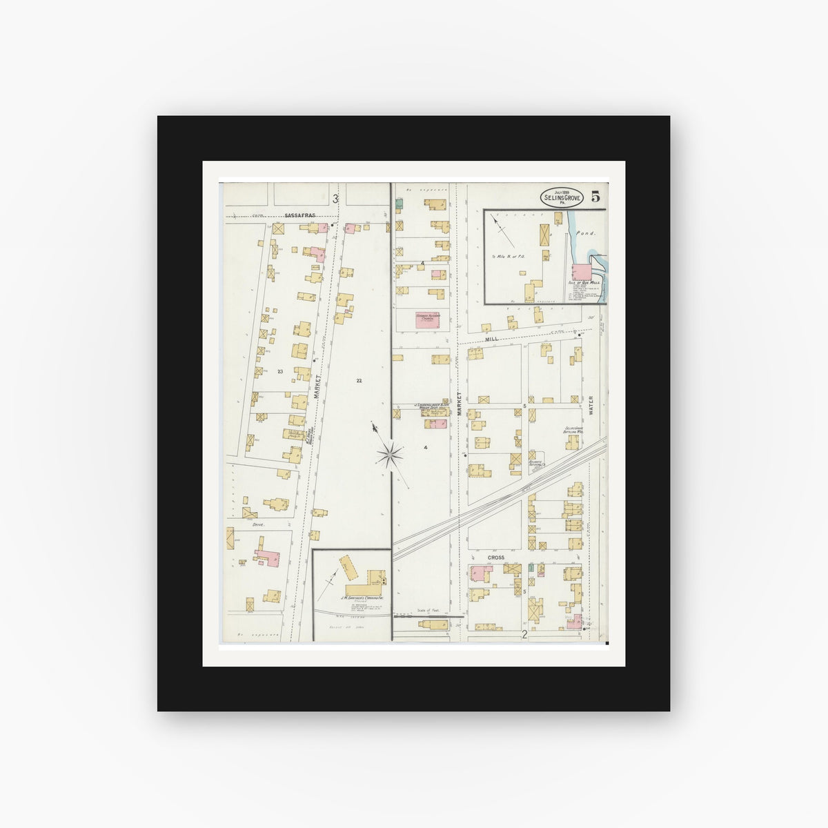 Old map wall art mockup — black gallery frame with white mat — Sanborn Fire Insurance Map from Selins Grove, Snyder County, Pennsylvania (1899), Sheet #0005