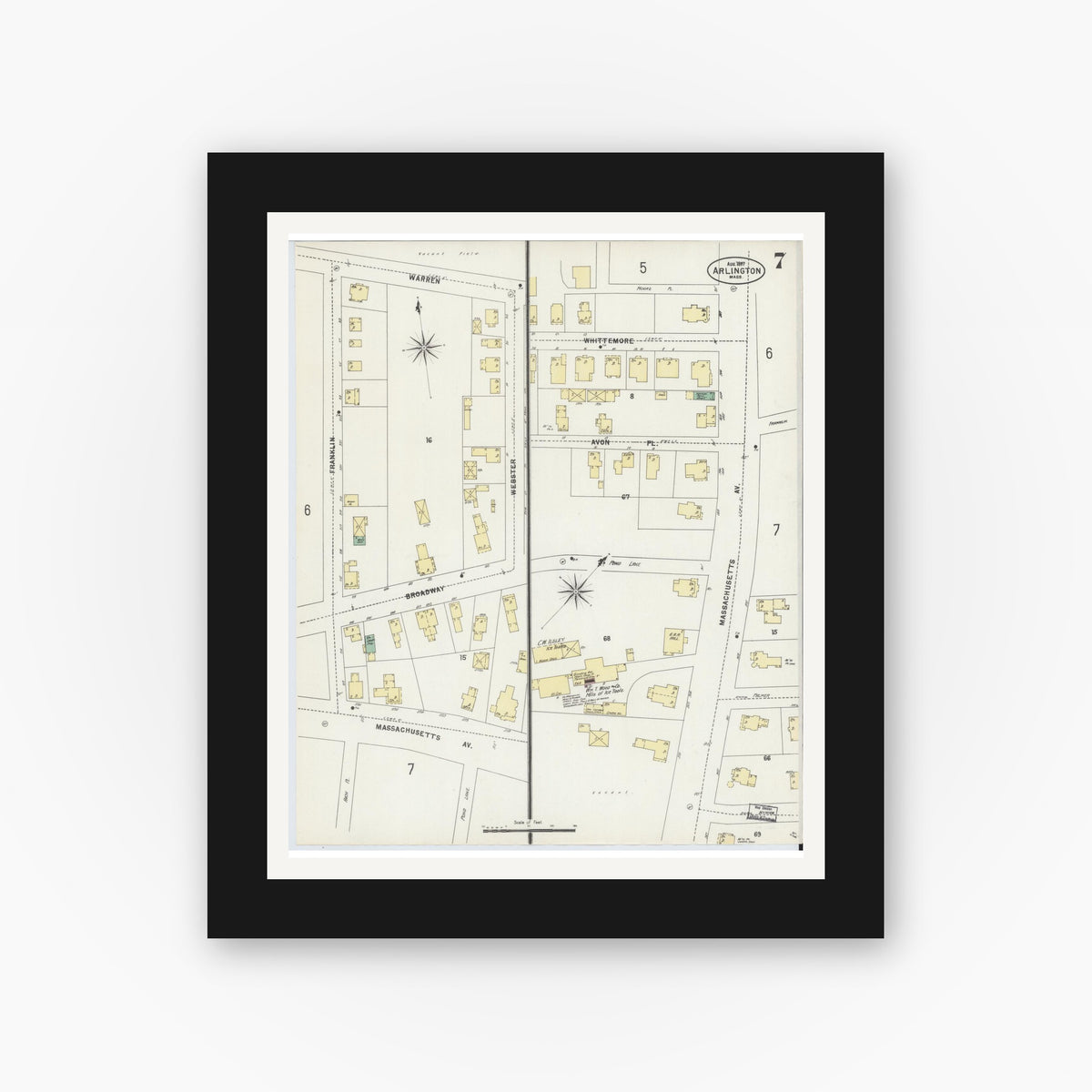 Old map wall art mockup — black gallery frame with white mat — Sanborn Fire Insurance Map from Arlington, Middlesex County, Massachusetts (1897), Sheet #0007