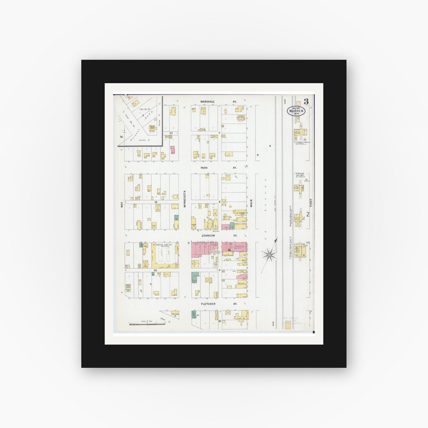 Old map wall art mockup — black gallery frame with white mat — Sanborn Fire Insurance Map from Warren, Marshall County, Minnesota (1899), Sheet #0003